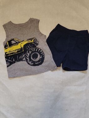 Monster Truck tank top with navy Wrangler shorts